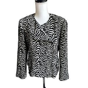 Louben animal zebra print asymmetric full zip moto jacket size 12